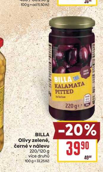 BILLA Olivy zelené, černé v nálevu 220/120 g