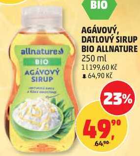 AGÁVOVÝ, DATLOVÝ SIRUP BIO ALLNATURE 250 ml 