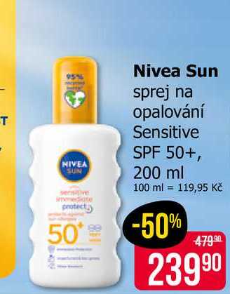 Nivea Sun sprej na opalování Sensitive SPF 50+, 200 ml
