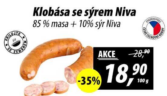 Klobása se sýrem Niva 85% masa +10% sýr, 100 g 
