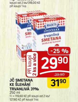 JČ SMETANA KE ŠLEHÁNÍ TRVANLIVÁ 31% 250 ml