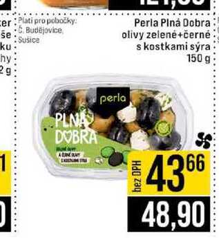 Perla Plná Dobra olivy zelené+černé s kostkami sýra 150 g