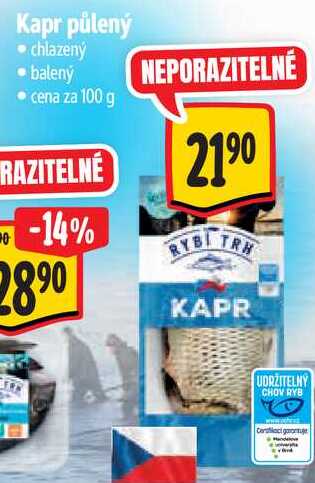 Kapr půlený, cena za 100 g