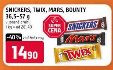 SNICKERS, TWIX, MARS, BOUNTY 36,5-57 g vybrané druhy 