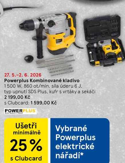 Powerplus Kombinované kladivo, 1500 W, 860 ot/min, síla úderu 6 J. typ upnutí SDS Plus, kufr s vrtáky a sekáči  
