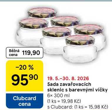 Sada zavařovacích sklenic s barevnými víčky, 6x 300 ml 
