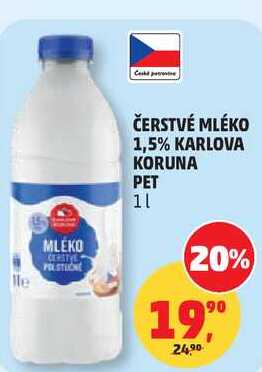 ČERSTVÉ MLÉKO 1,5% KARLOVA KORUNA PET, 1 l