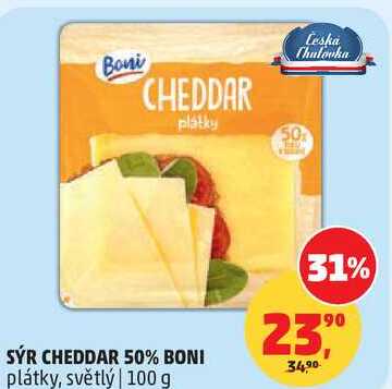 SÝR CHEDDAR 50% BONI plátky, světlý, 100 g