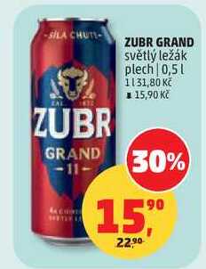 ZUBR GRAND světlý ležák plech, 0,5 l