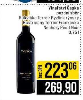 Vinařství Čapka pozdní sběr Kukvička Terroir Ryzlink rýnský Hastrmany Terroir Frankovka Nechory Pinot Noir 0,75l