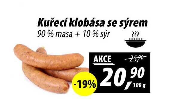 Kuřecí klobása se sýrem 90% masa +10% sýr, 100 g