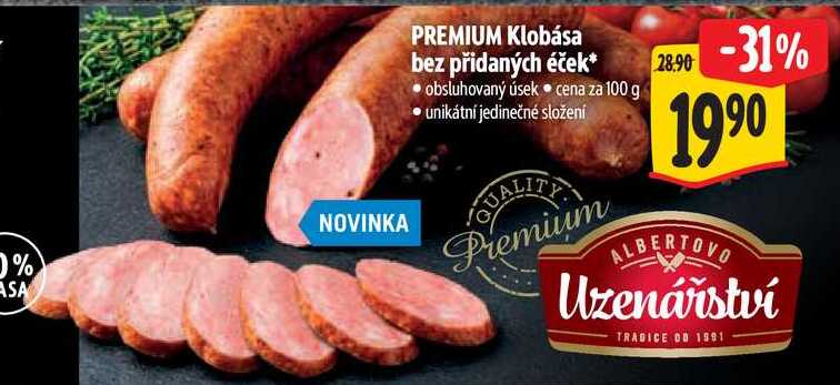 PREMIUM Klobása bez přidaných éček, cena za 100 g 