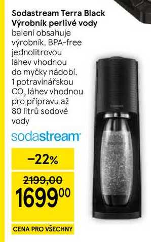 Sodastream Terra Black Výrobník perlivé vody, balení obsahuje výrobník, BPA-free jednolitrovou láhev vhodnou do myčky nádobí, 1 potravinářskou CO, láhev vhodnou pro přípravu až 80 litrů sodové vody