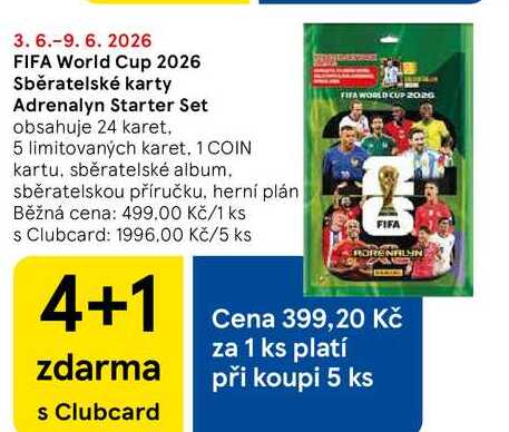 FIFA World Cup 2026 Sběratelské karty Adrenalyn Starter Set, obsahuje 24 karet, 5 limitovaných karet, 1 COIN kartu, sběratelské album, sběratelskou příručku, herní plán 