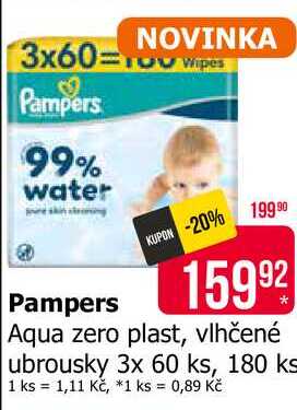 Pampers Aqua zero plast, vlhčené ubrousky 3x 60 ks, 180 ks