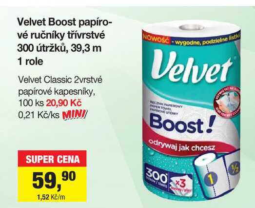 Velvet Boost papírové ručníky třívrstvé 300 útržků, 39,3 m 1 role