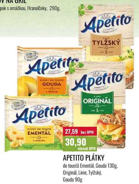 APETITO PLÁTKY do toustů Ementál, Gouda 130g. Originál, Linie, Tylžský. Gouda 90g 