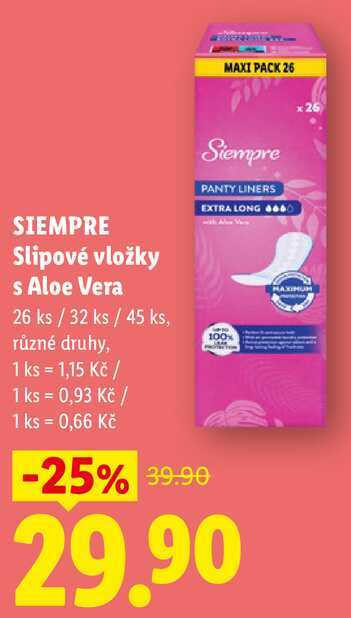 SIEMPRE Slipové vložky s Aloe Vera, 26 ks/32 ks/45 ks