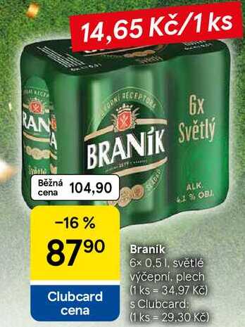 Braník pivo, 6x 0,5 l, světlé výčepní, plech