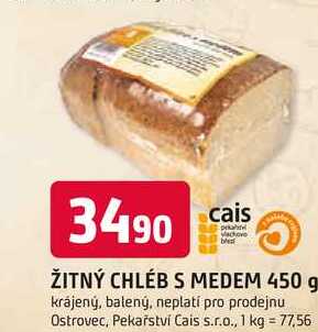 ŽITNÝ CHLÉB S MEDEM 450 g krájený, balený