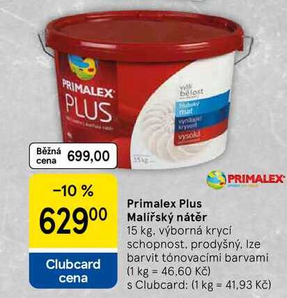 Primalex Plus Malířský nátěr, 15 kg. výborná krycí schopnost, prodyšný. Ize barvit tónovacími barvami