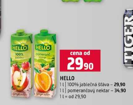 HELLO 1l 100% jablečná šťáva 1l pomerančový nektar
