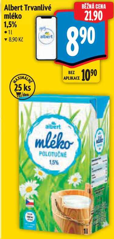 Albert Trvanlivé mléko 1,5%, 1 l v akci