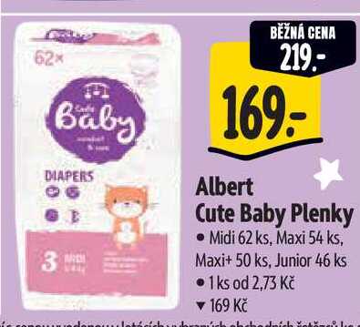 Albert Cute Baby Plenky Midi 62 ks, Maxi 54 ks, Maxi+ 50 ks, Junior 46 ks