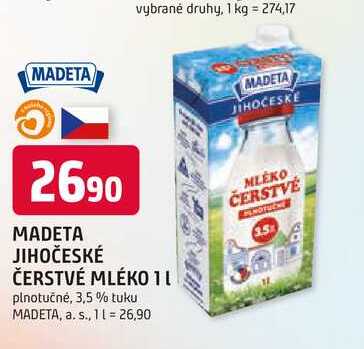 MADETA JIHOČESKÉ ČERSTVÉ MLÉKO 1l plnotučné, 3,5 % tuku 