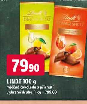 LINDT 100 g mléčná čokoláda s příchutí vybrané druhy