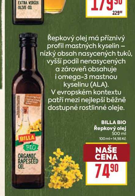 BILLA BIO Řepkový olej 500 ml