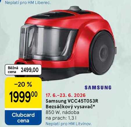 Samsung VCC45TOS3R Bezsáčkový vysavač, 850 W, nádoba na prach: 1.3 l