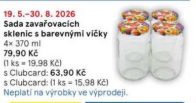 Sada zavařovacích sklenic s barevnými víčky, 4× 370 ml